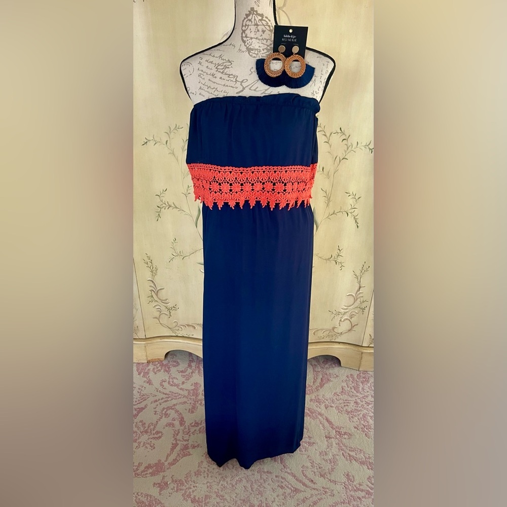Fascination Boutique Strapless Maxi Dress w/ Orange Crochet Detail + Earrings